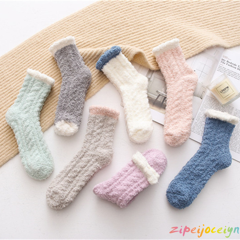 冬季日系半邊絨襪子 純色麻花珊瑚絨女襪 韓國 地板襪 女士睡眠襪