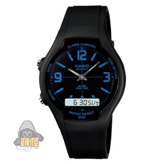 【CASIO】台灣卡西歐公司貨 都會個性型男雙顯錶 防水50米-黑面藍刻度(AW-90H-2B)