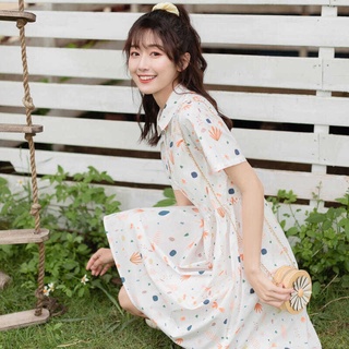 新款娃娃領寬鬆收腰桔梗裙短袖日系碎花中長連衣裙女