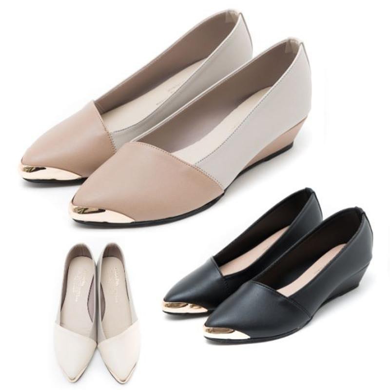 白鳥麗子 全尺碼 楔型鞋 訂製款 MIT顯瘦金屬拼接楔型包鞋 廠商直送