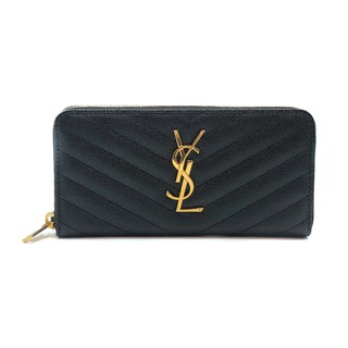 YSL Monogram魚子醬牛皮金logo拉鍊長夾(358094-黑)