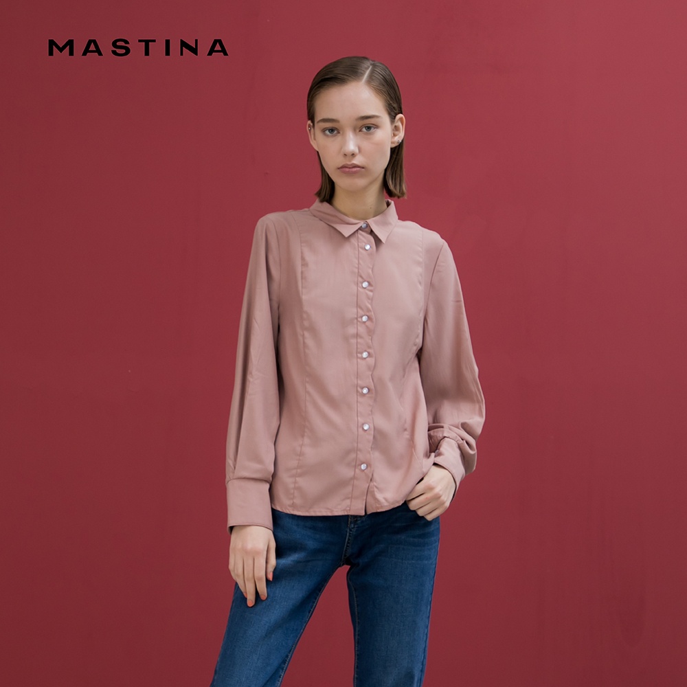 【MASTINA】花型門襟修身-女長袖襯衫 門襟  藍 粉(二色/版型寬鬆)