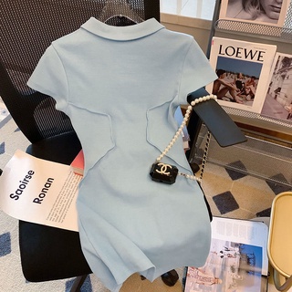 時尚夏季藍色polo領短袖洋裝女新款氣質包臀裙