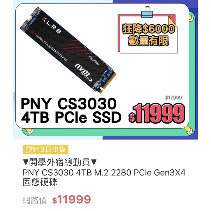 台灣製造全場最便宜只有一張 PCle Gen3X4 PNY大廠 M.2 SSD 硬碟 CS3030 4TB 頂級高速儲存