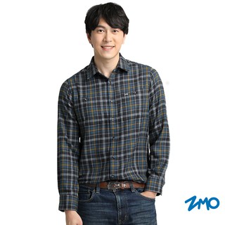 【ZMO】男格紋羊毛保暖長袖襯衫-黑灰黃格 HG631