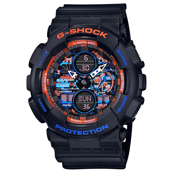 G-SHOCK 都市霓虹燈設計鬧鈴/計時碼錶/世界時區/防水200米雙顯電子錶（黑X藍橘迷彩）_ GA-140CT-1A