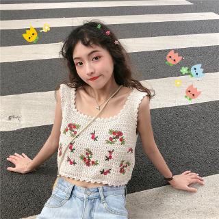 蔓莎💞2023泫雅風吊帶女夏寬松外穿花朵刺繡無袖上衣短款小性感露臍針織背心 小可愛背心