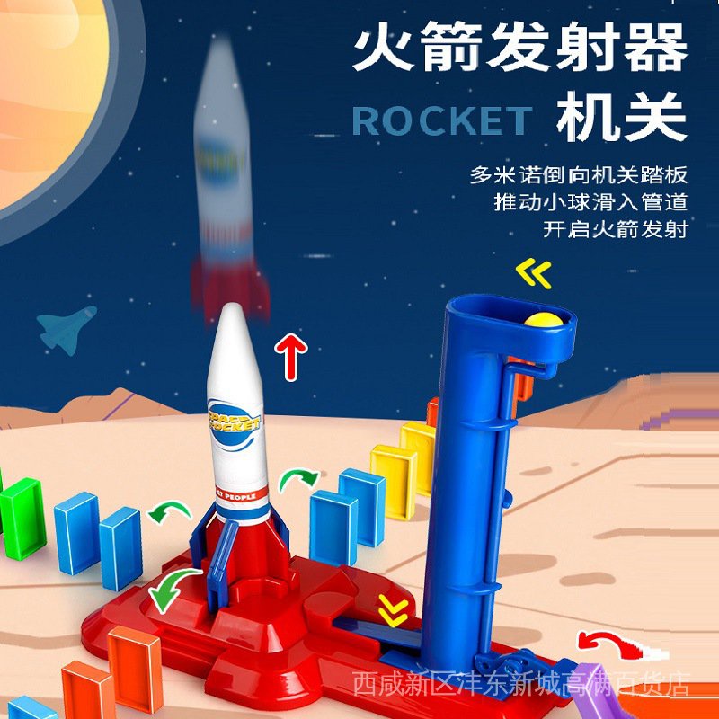 【童年時光】自動發多米諾骨牌電動小火車飛機火箭星際版兒童益智闖關玩具