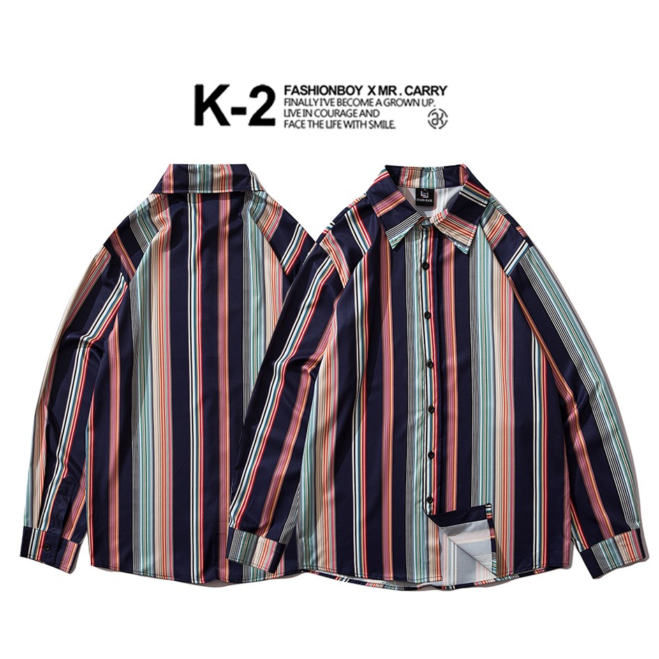 【K-2】繽紛 直條紋 文青 藝術 穿搭 花襯衫 長袖襯衫 街頭 潮流 寬鬆 網紅 男女不拘 情侶款