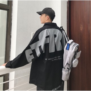 【宅男屋】ins日系潮牌港風chic休閒長袖襯衫男生春秋季新款韓版潮流襯衣 街頭後背字母口袋開襯外套 KZ101