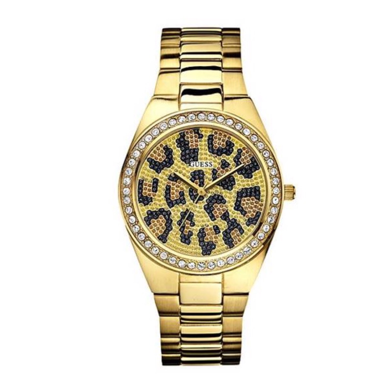 GUESS 璀燦豹紋晶鑽金色腕錶 W10606L1