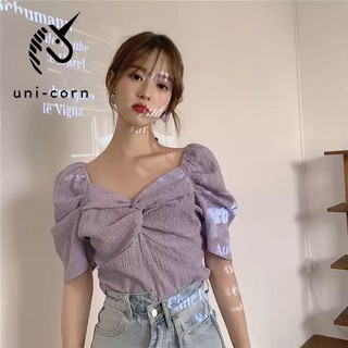 紫色泡泡袖襯衫女夏設計感小眾復古短款襯衣褶皺法式方領短袖上衣