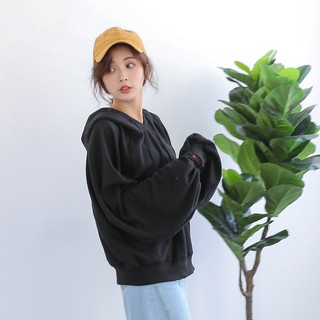 SUPER COLOR休閒蓬蓬袖寬鬆連帽大學T長袖上衣(黑)