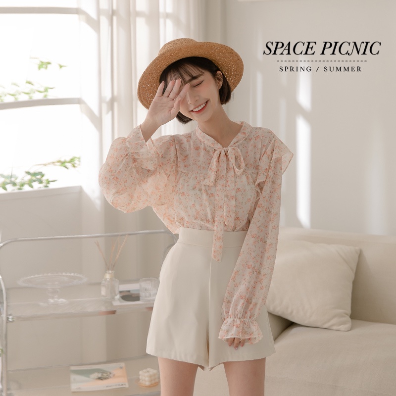 Space Picnic｜碎花領綁帶雪紡上衣-2色【C22041072】