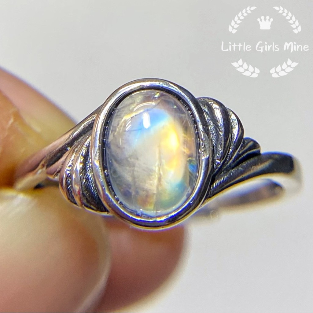 天然石-輕珠寶-玻璃體彩虹月光石戒(純銀)