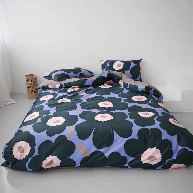 芬蘭 Marimekko 藍底粉花 高支高密全棉府綢太陽花印花被套枕套
