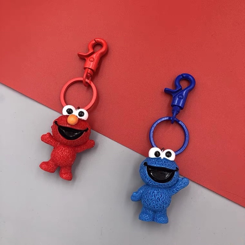 可愛 芝麻街公仔Elmo and Cookie Monster 樹脂鑰匙扣 鑰匙圈 女卡通書包 掛飾情侶書包玩偶掛件