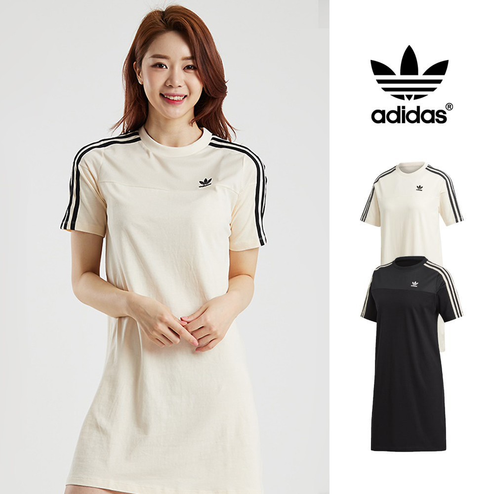Adidas Originals 黑/米白 洋裝 女款 透氣 運動 休閒 純棉 短袖 長版 連身裙 三葉草 DU9944