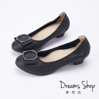 DREAMS SHOP MIT真皮減壓圓圈方釦圓頭低跟鞋4cm 黑牛【ZSN0578】大尺碼女鞋37-44