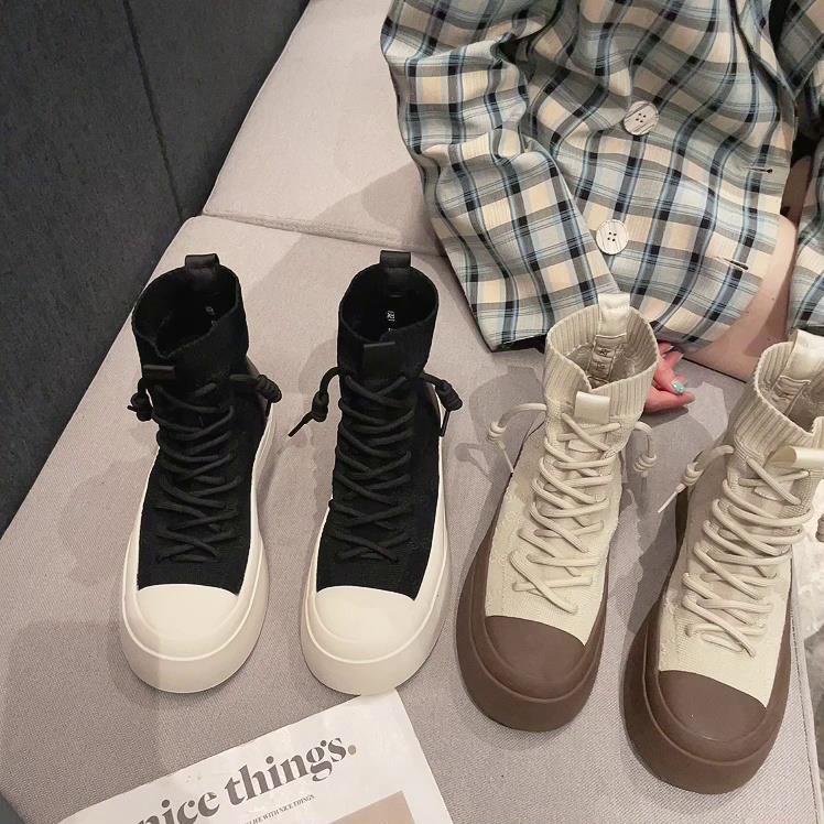 韓國流行靴子仙女百搭休閒鞋學生高幫鞋復古時尚馬丁靴瘦瘦靴女厚底彈力襪靴21春秋新款單靴圓頭馬丁短靴子飛織靴