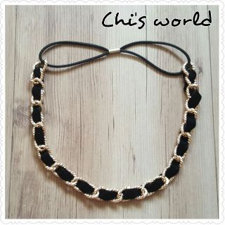 Chi's world~正韓Korea質感手作精緻閃亮髮飾 絨布金色鏈條金屬髮帶 韓妞look彈性髮帶髮箍髮圈
