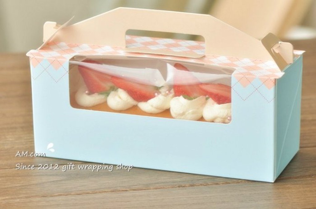 AM好時光【M97】粉藍格紋透明開窗 西點禮品手提盒 附內托❤布丁奶酪 馬芬杯子 巧克力蛋糕捲餐盒 烘焙點心 手工餅乾袋