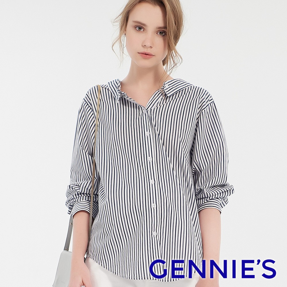 【Gennies 奇妮】兩穿式直條抓皺排釦襯衫-深藍條紋(T3F08)