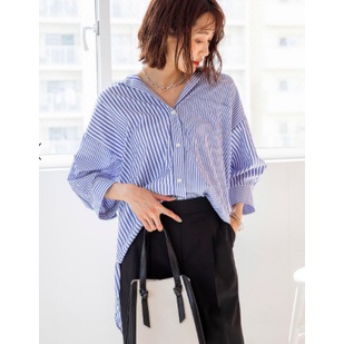 GLOBAL WORK女365天天穿系列機能性涼感BIG寬袖襯衫上衣-藍白條紋