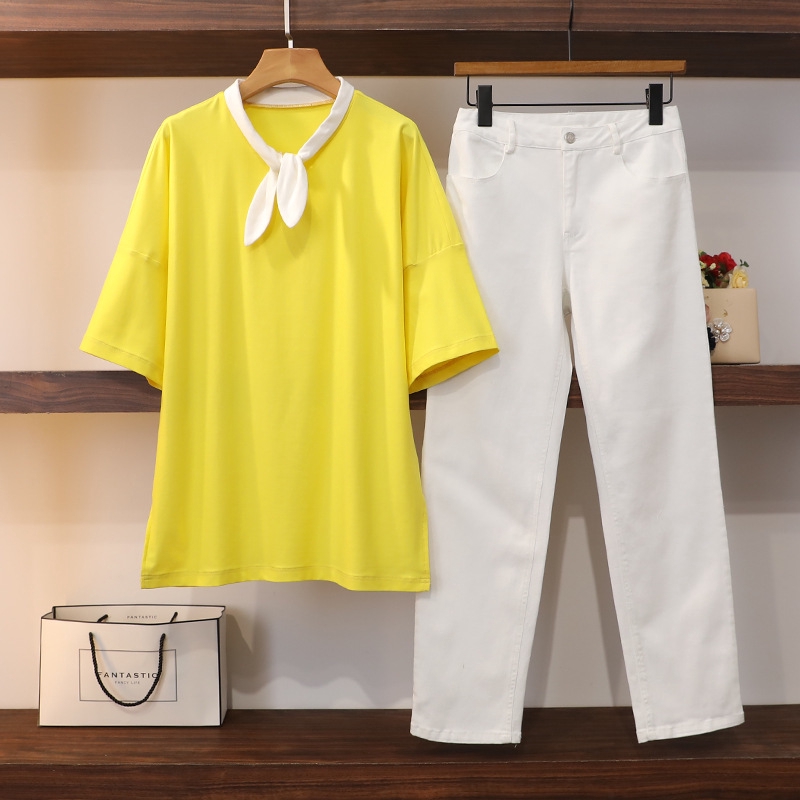 親愛的熱愛的佟年魷小魚楊紫同款黃色領帶T恤蝴蝶結白色休閒褲套裝兩件式莫代爾衣服 上衣 褲子