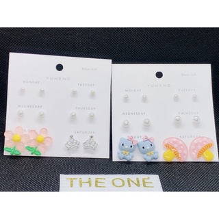 The one [ 現貨。親拍 ］100925 925銀針。大小珍珠銀色鑲鑽壓克力耳釘耳環 花朵皇冠 菇菇貓咪 星期耳環