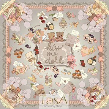 TasA Accessory shop-Kiss me doll泰國設計師品牌絲巾(現貨)-Bears 熊熊下午茶款(灰色)