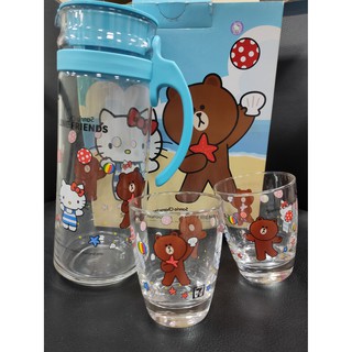 全新泰國7-11 Line friends x Sanrio Charact三麗鷗熊大玻璃水壺杯組
