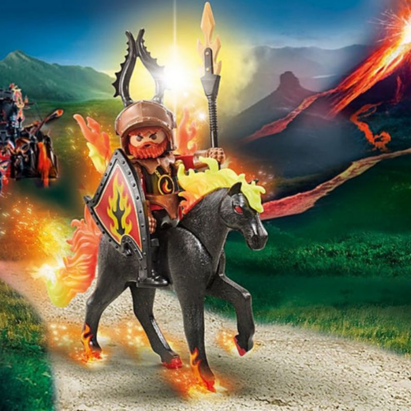 全新 Playmobil 摩比 9882 火焰馬騎士 火焰馬 火焰 黑色戰馬 騎士 盾牌 盔甲 鬍子 怒眉臉 頭盔 長戟