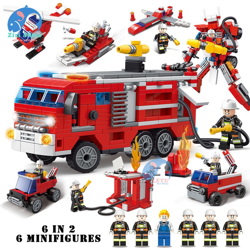 兒童益智拼搭玩具 6合2消防車積木玩具 兼容樂高 消防機甲 變形機器人 男孩生日禮物
