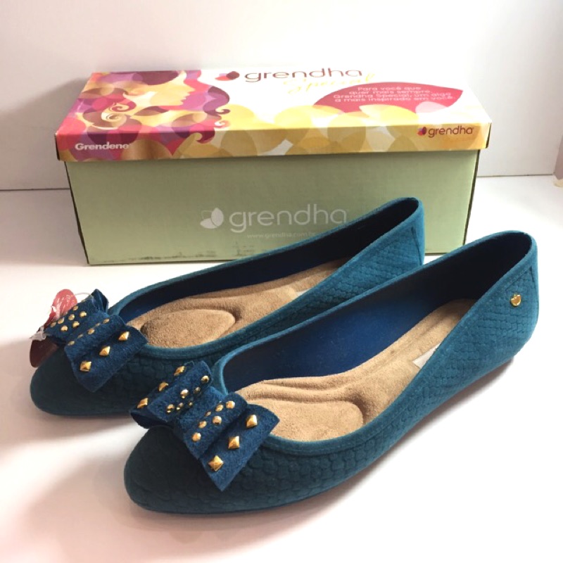 《現貨》Grendha 女生 包鞋 巴西尺寸33/34（鉚釘 蝴蝶結 尖頭娃娃鞋－ 土耳其綠）