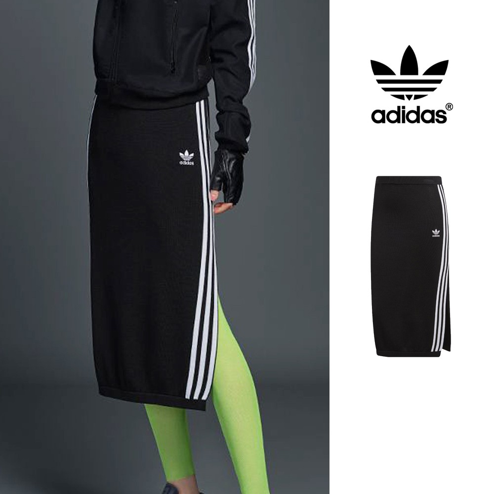 Adidas 黑 長裙 女款 運動 休閒 針織 彈性 開岔 窄裙 及膝裙 三葉草 DP8588