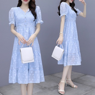 愛依依 洋裝 甜美 顯瘦 裙子 S-XL新款長裙設計高級感小眾法式赫本風藍色v領連身裙T302-6192.