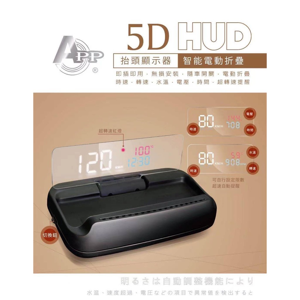 大桃園 APP 5D HUD 抬頭顯示器 智能電動摺疊 即插即用 無損安裝 時速。轉速。水溫。電壓。時間。全新品