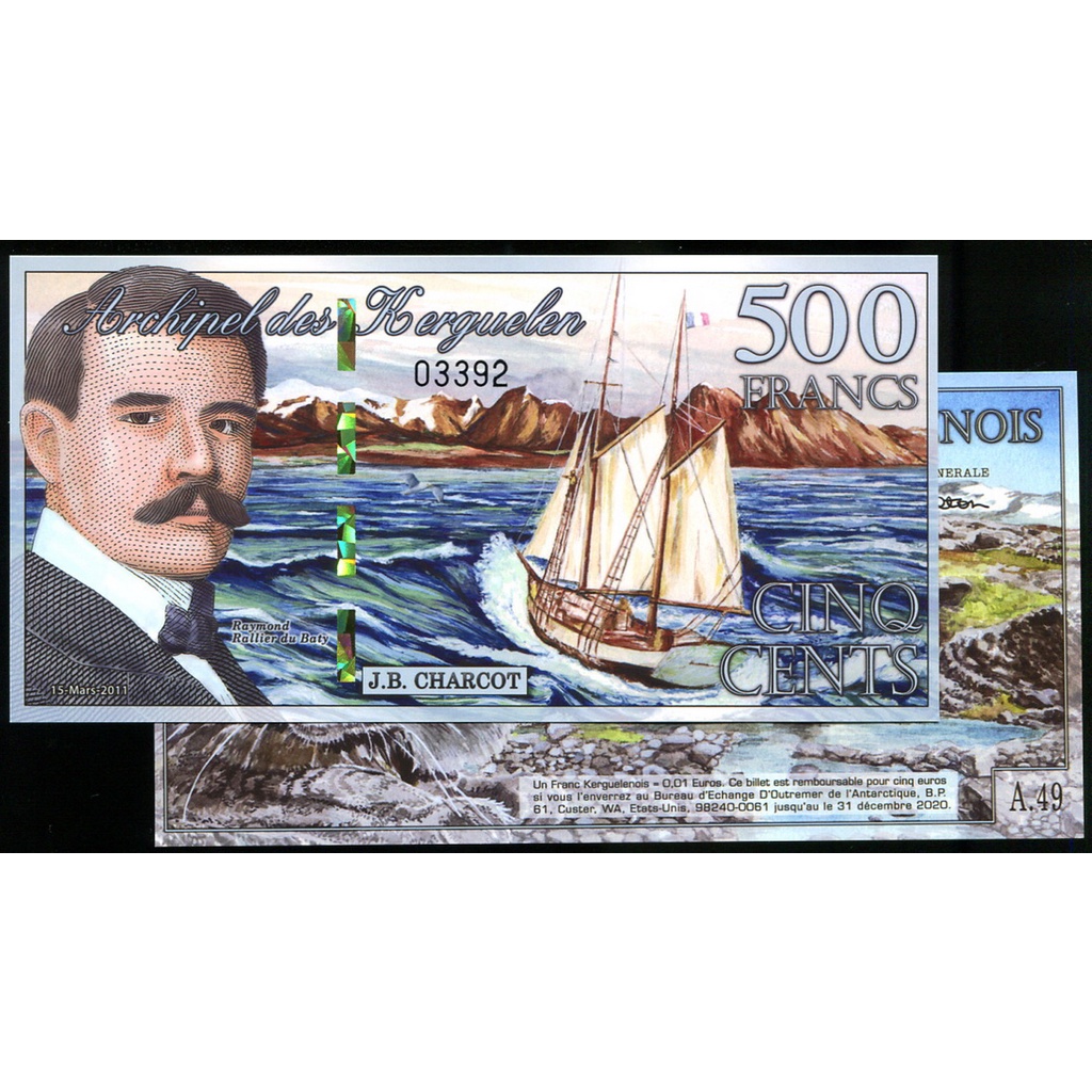 Kerguelen （凱爾蓋朗群島塑膠鈔-動物），New，500-Francs，2011，品相全新UNC