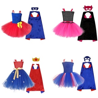 歐美萬聖節服女童英雄神力女超人系列連衣裙套裝附皇冠+披風配件