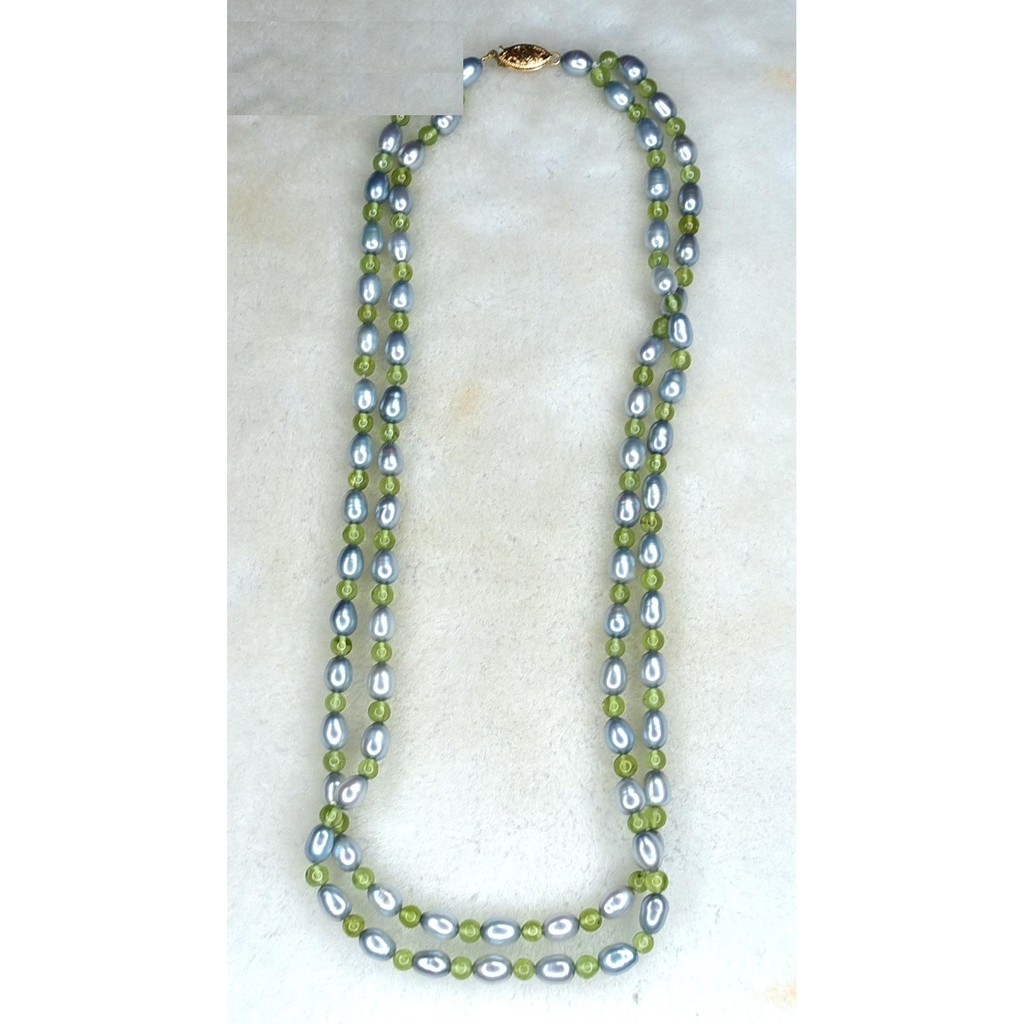 灰藍色珍珠 橄欖石~雙圈造型項鍊~14k金扣(585)----莫迪蘭色