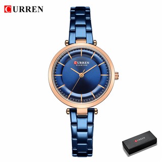 Curren 女士手錶奢華金屬手鍊手錶優雅時尚石英鐘藍色女不銹鋼正裝手錶 9054