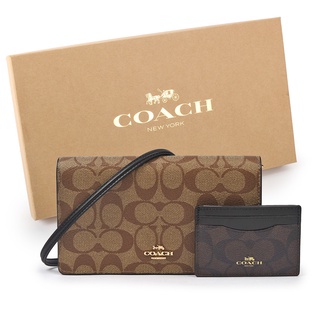 COACH 禮盒限定款 Anna經典滿版 C LOGO PVC皮革翻蓋斜背鏈帶包 證件夾 禮盒組(卡其/黑)