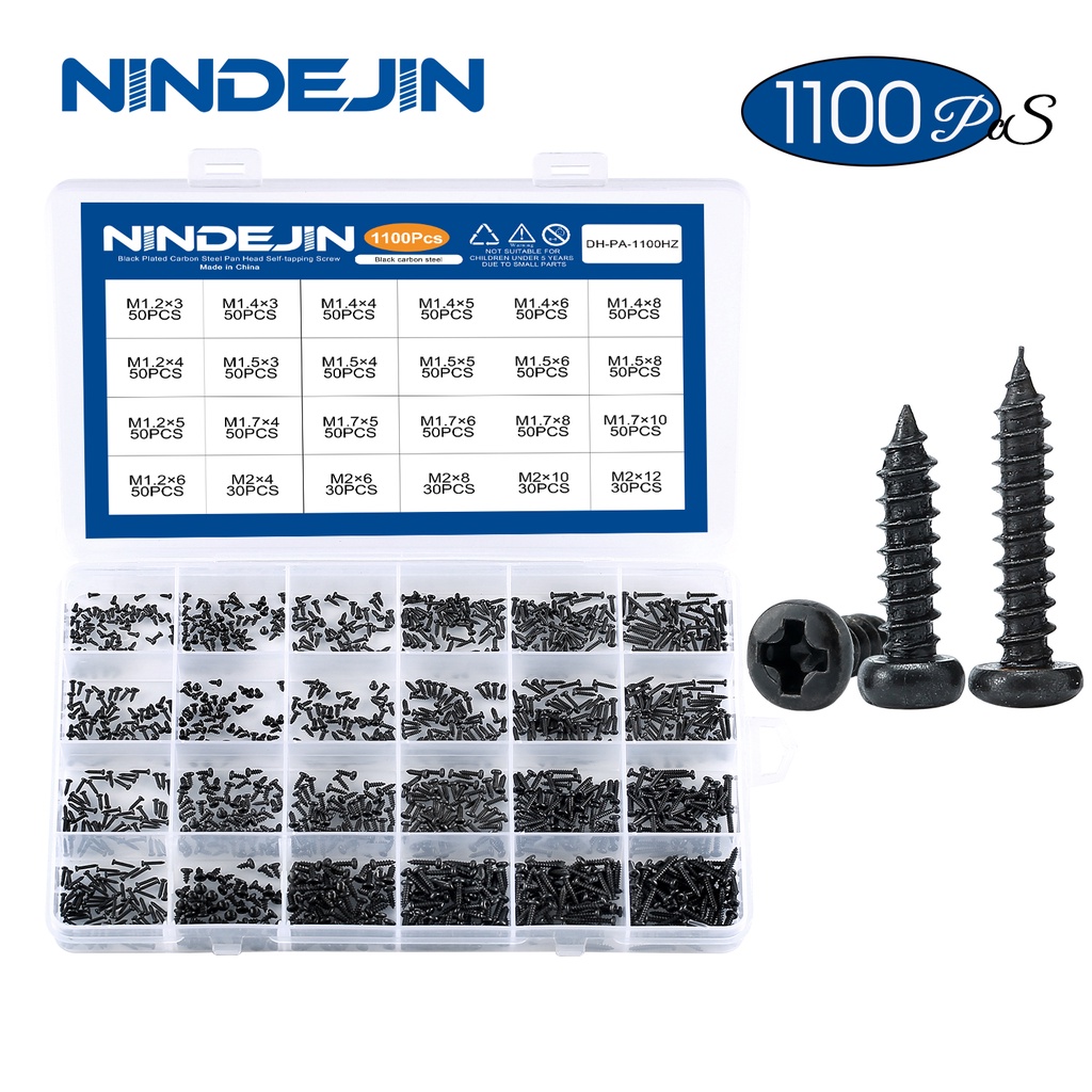 NINDEJIN 1100個 盒裝PA黑色碳鋼十字圓頭自攻螺絲 鍍黑十字盤頭自攻螺釘螺栓 筆記本電腦小螺絲m1.2-m2