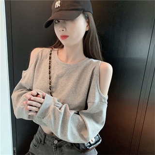 熱賣大學T,帽T秋季韓版2021新款網紅露肩長袖T恤女短版設計感小眾寬鬆顯瘦上衣 Rgke