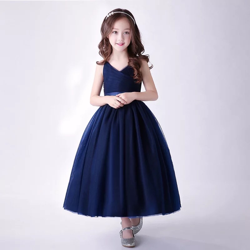 韓版 中大童音樂會鋼琴演奏花童藍色禮服洋裝紗裙藍色長禮服