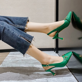 包頭涼鞋女 新款 綠色 尖頭 一字扣 細跟 高跟鞋子女 夏季 時裝 百搭 潮流女鞋 夏季款式