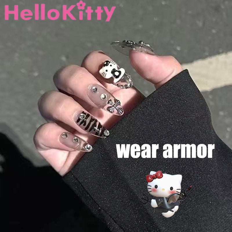 10 件裝 Hello Kitty 指甲貼卡通動漫指甲全覆蓋可穿戴可拆卸純手工光療指甲深色美甲