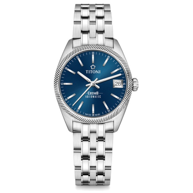 TITONI 瑞士梅花錶 828S-612 宇宙系列 COSMO_SER. 海浪形鋸齒狀腕錶/藍面 33.5mm
