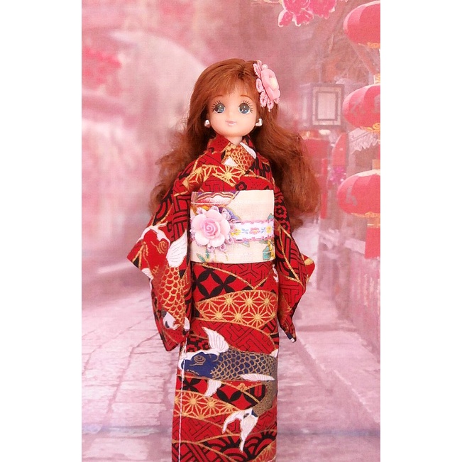 小禎ㄟ雜貨 莉卡娃娃服飾配件組 館主手製和服 莉卡和服 浴衣 娃娃和服 魚躍紅 ( 薇琪 小布 可穿)